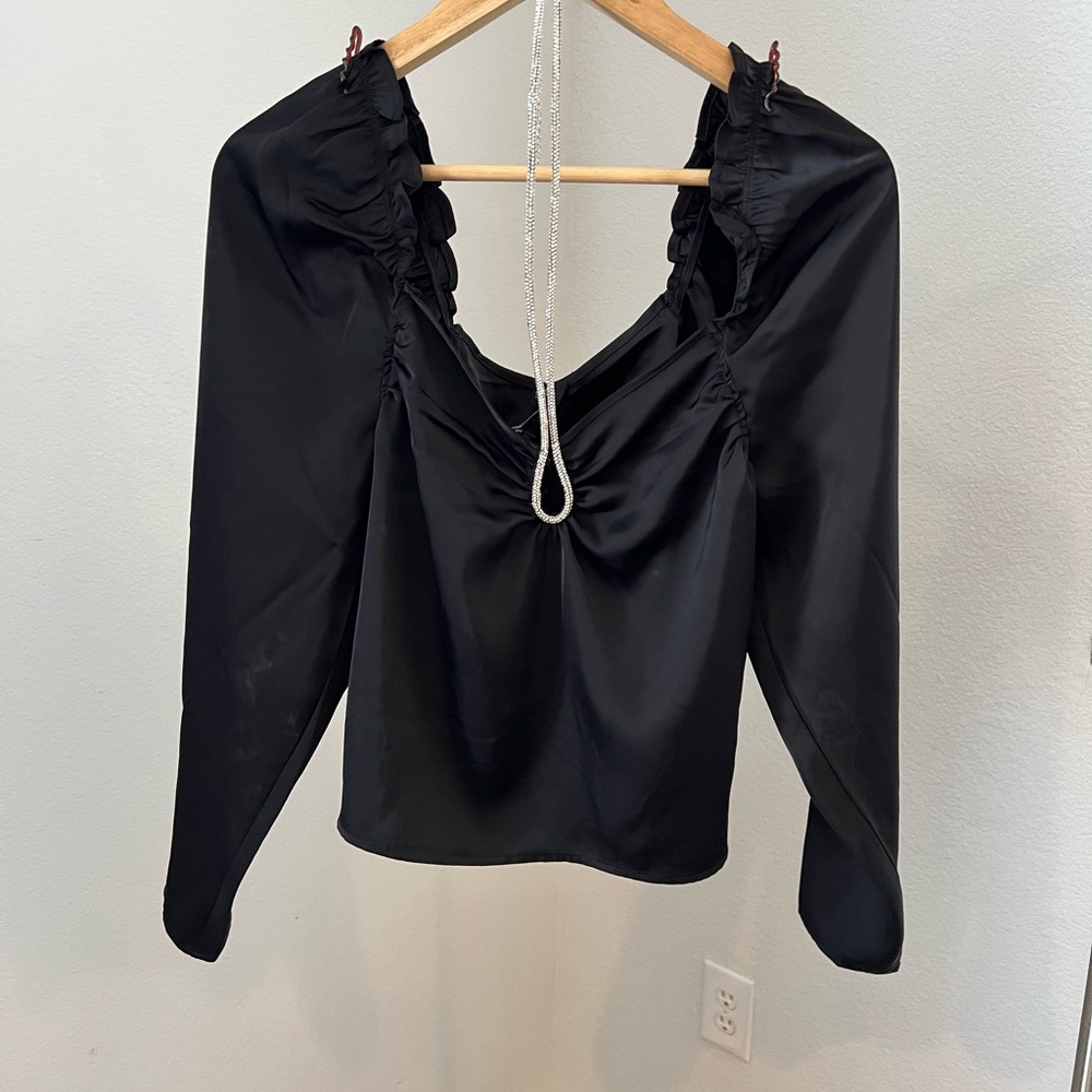 Rachel Zoe Black Ruched Fitted Long Sleeve Blouse